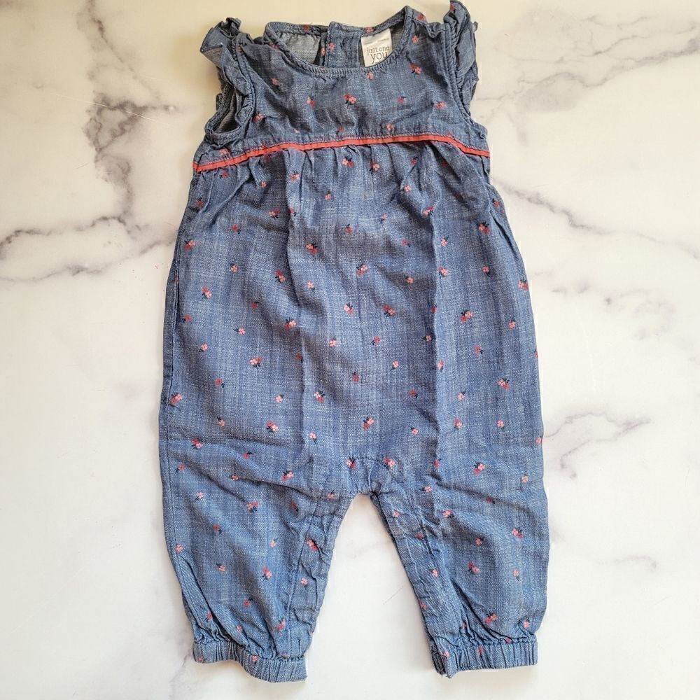 Romper Carters 6 month 100% cotton pant floral denim chambray blue
